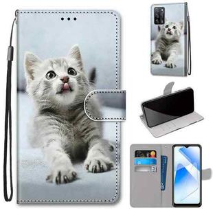 For OPPO A55 5G / A54 4G / A53s 5G / A16 4G Coloured Drawing Cross Texture Horizontal Flip PU Leather Case with Holder & Card Slots & Wallet & Lanyard(Small Gray Cat)