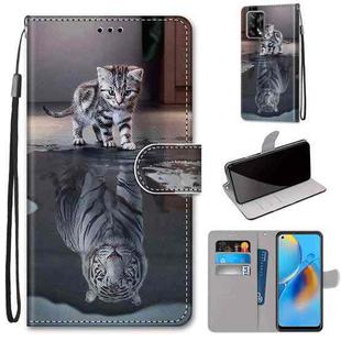 For OPPO A74 4G / F19 Coloured Drawing Cross Texture Horizontal Flip PU Leather Case with Holder & Card Slots & Wallet & Lanyard(Cat Becomes Tiger)
