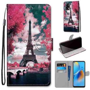 For OPPO A74 4G / F19 Coloured Drawing Cross Texture Horizontal Flip PU Leather Case with Holder & Card Slots & Wallet & Lanyard(Pink Flower Tower Bridge)