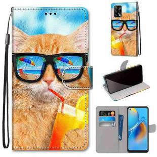 For OPPO A74 4G / F19 Coloured Drawing Cross Texture Horizontal Flip PU Leather Case with Holder & Card Slots & Wallet & Lanyard(Cat Drinking Soda)