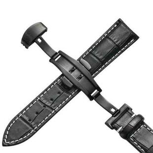 14mm Classic Cowhide Leather Black Butterfly Buckle Watch Band(Black White Lines)