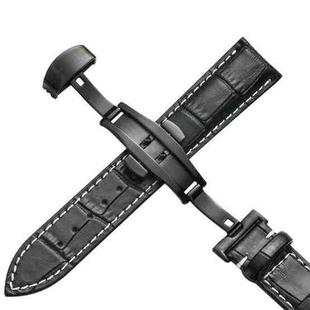 16mm Classic Cowhide Leather Black Butterfly Buckle Watch Band(Black White Lines)