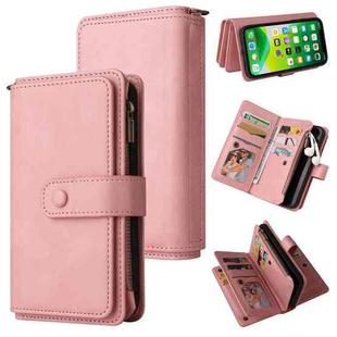 For iPhone 13 Skin Feel PU + TPU Horizontal Flip Leather Case with Holder & 15 Cards Slot & Wallet & Zipper Pocket & Lanyard(Pink)