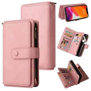 For iPhone 12 Pro Max Skin Feel PU + TPU Horizontal Flip Leather Case with Holder & 15 Cards Slot & Wallet & Zipper Pocket & Lanyard(Pink)