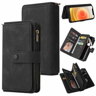For iPhone 12 / 12 Pro Skin Feel PU + TPU Horizontal Flip Leather Case with Holder & 15 Cards Slot & Wallet & Zipper Pocket & Lanyard(Black)