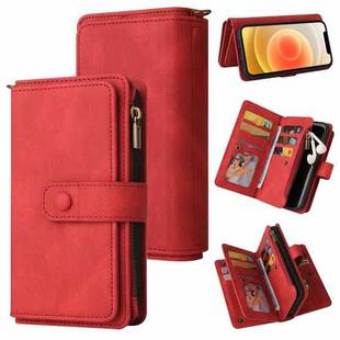 For iPhone 12 / 12 Pro Skin Feel PU + TPU Horizontal Flip Leather Case with Holder & 15 Cards Slot & Wallet & Zipper Pocket & Lanyard(Red)