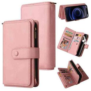 For iPhone 12 mini Skin Feel PU + TPU Horizontal Flip Leather Case with Holder & 15 Cards Slot & Wallet & Zipper Pocket & Lanyard (Pink)