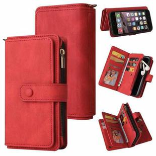 For iPhone SE 2022 / SE 2020 / 8 / 7 Skin Feel PU + TPU Horizontal Flip Leather Case with Holder & 15 Cards Slot & Wallet & Zipper Pocket & Lanyard(Red)