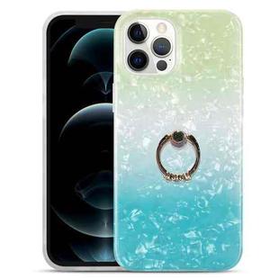 For iPhone 13 mini Gradient Color Shell Texture IMD TPU Shockproof Case with Ring Holder (Gradient Green Blue)