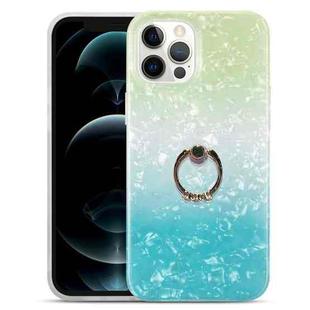 For iPhone 13 Pro Gradient Color Shell Texture IMD TPU Shockproof Case with Ring Holder (Gradient Green Blue)