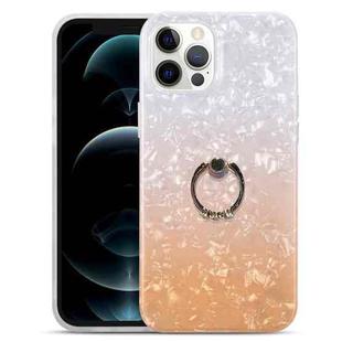 For iPhone 12 Pro Max Gradient Color Shell Texture IMD TPU Shockproof Case with Ring Holder(Gradient White Orange)