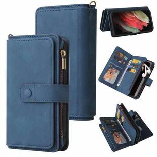 For Samsung Galaxy S21 Ultra 5G Skin Feel PU + TPU Horizontal Flip Leather Case with Holder & 15 Cards Slot & Wallet & Zipper Pocket & Lanyard(Blue)