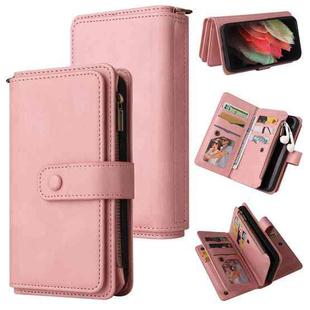 For Samsung Galaxy S21 Ultra 5G Skin Feel PU + TPU Horizontal Flip Leather Case with Holder & 15 Cards Slot & Wallet & Zipper Pocket & Lanyard(Pink)