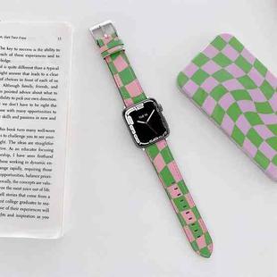 Checkerboard Leather Watch Band For Apple Watch Series 7 & 6 & SE & 5 & 4 40mm/3 & 2 & 1 38mm(Green Pink)