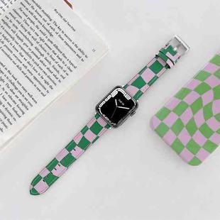 Checkerboard Leather Watch Band For Apple Watch Series 7 & 6 & SE & 5 & 4 44mm/3 & 2 & 1 42mm(Green Purple)