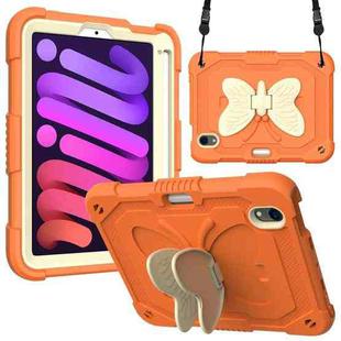 For iPad mini 6 Beige PC + Silicone Anti-drop Protective Tablet Case with Butterfly Shape Holder & Pen Slot(Beige + Kumquat)
