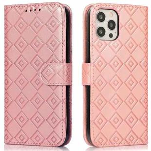 Embossed Big Small Concentric Squares Pattern Horizontal Flip Leather Case with Card Slot & Holder & Wallet For iPhone 13 Pro(Pink)