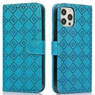 Embossed Big Small Concentric Squares Pattern Horizontal Flip Leather Case with Card Slot & Holder & Wallet For iPhone 13 Pro(Blue)