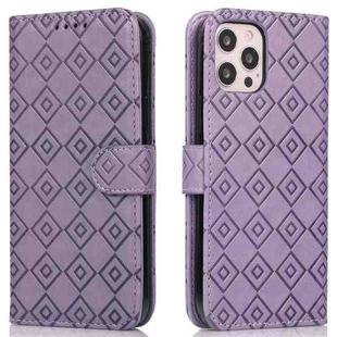Embossed Big Small Concentric Squares Pattern Horizontal Flip Leather Case with Card Slot & Holder & Wallet For iPhone 13 Pro Max(Purple)
