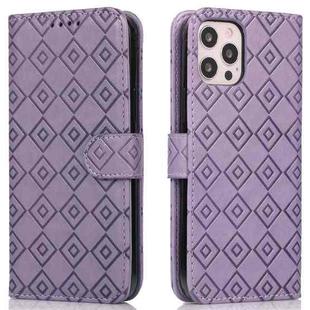 Embossed Big Small Concentric Squares Pattern Horizontal Flip Leather Case with Card Slot & Holder & Wallet For iPhone 12 / 12 Pro(Purple)