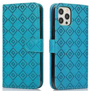 Embossed Big Small Concentric Squares Pattern Horizontal Flip Leather Case with Card Slot & Holder & Wallet For iPhone 12 / 12 Pro(Blue)