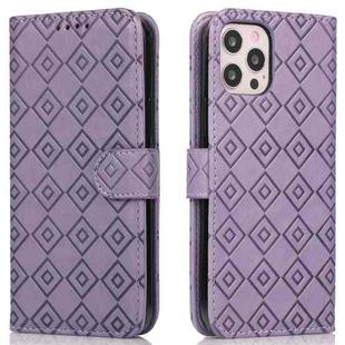 Embossed Big Small Concentric Squares Pattern Horizontal Flip Leather Case with Card Slot & Holder & Wallet For iPhone 12 Pro Max(Purple)