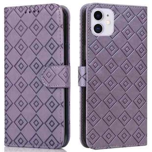 For iPhone 11 Embossed Big Small Concentric Squares Pattern Horizontal Flip Leather Case with Card Slot & Holder & Wallet (Purple)