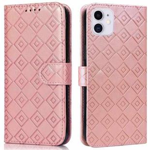 For iPhone 11 Embossed Big Small Concentric Squares Pattern Horizontal Flip Leather Case with Card Slot & Holder & Wallet (Pink)