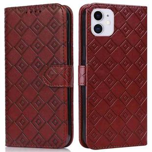 For iPhone 11 Embossed Big Small Concentric Squares Pattern Horizontal Flip Leather Case with Card Slot & Holder & Wallet (Brown)