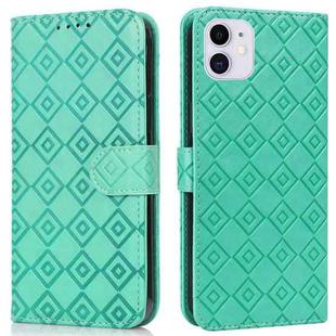For iPhone 11 Embossed Big Small Concentric Squares Pattern Horizontal Flip Leather Case with Card Slot & Holder & Wallet (Green)