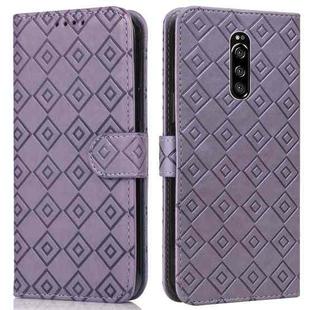 For Sony Xperia 1 Embossed Big Small Concentric Squares Pattern Horizontal Flip Leather Case with Card Slot & Holder & Wallet(Purple)