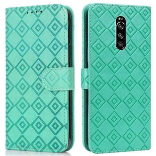 For Sony Xperia 1 Embossed Big Small Concentric Squares Pattern Horizontal Flip Leather Case with Card Slot & Holder & Wallet(Green)