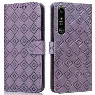 For Sony Xperia 1 II Embossed Big Small Concentric Squares Pattern Horizontal Flip Leather Case with Card Slot & Holder & Wallet(Purple)