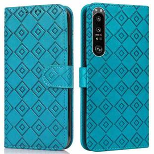 For Sony Xperia 1 II Embossed Big Small Concentric Squares Pattern Horizontal Flip Leather Case with Card Slot & Holder & Wallet(Blue)