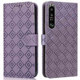 For Sony Xperia 1 III Embossed Big Small Concentric Squares Pattern Horizontal Flip Leather Case with Card Slot & Holder & Wallet(Purple)