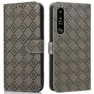 For Sony Xperia 1 III Embossed Big Small Concentric Squares Pattern Horizontal Flip Leather Case with Card Slot & Holder & Wallet(Grey)