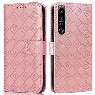 For Sony Xperia 1 III Embossed Big Small Concentric Squares Pattern Horizontal Flip Leather Case with Card Slot & Holder & Wallet(Pink)