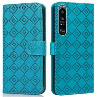 For Sony Xperia 1 III Embossed Big Small Concentric Squares Pattern Horizontal Flip Leather Case with Card Slot & Holder & Wallet(Blue)