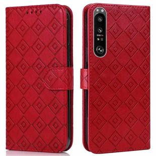 For Sony Xperia 1 III Embossed Big Small Concentric Squares Pattern Horizontal Flip Leather Case with Card Slot & Holder & Wallet(Red)