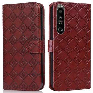 For Sony Xperia 1 III Embossed Big Small Concentric Squares Pattern Horizontal Flip Leather Case with Card Slot & Holder & Wallet(Brown)