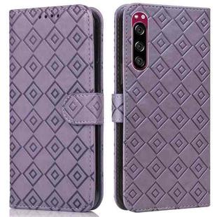 For Sony Xperia 5 Embossed Big Small Concentric Squares Pattern Horizontal Flip Leather Case with Card Slot & Holder & Wallet(Purple)