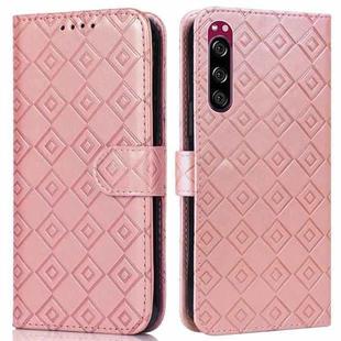 For Sony Xperia 5 Embossed Big Small Concentric Squares Pattern Horizontal Flip Leather Case with Card Slot & Holder & Wallet(Pink)