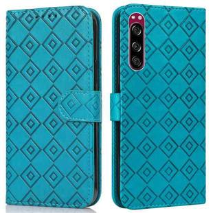 For Sony Xperia 5 Embossed Big Small Concentric Squares Pattern Horizontal Flip Leather Case with Card Slot & Holder & Wallet(Blue)