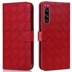 For Sony Xperia 5 Embossed Big Small Concentric Squares Pattern Horizontal Flip Leather Case with Card Slot & Holder & Wallet(Red)