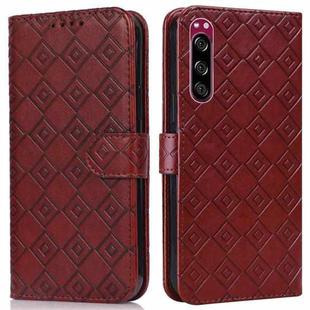 For Sony Xperia 5 Embossed Big Small Concentric Squares Pattern Horizontal Flip Leather Case with Card Slot & Holder & Wallet(Brown)