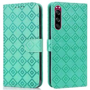 For Sony Xperia 5 Embossed Big Small Concentric Squares Pattern Horizontal Flip Leather Case with Card Slot & Holder & Wallet(Green)