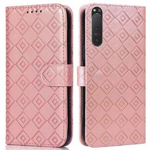 For Sony Xperia 5 II Embossed Big Small Concentric Squares Pattern Horizontal Flip Leather Case with Card Slot & Holder & Wallet(Pink)