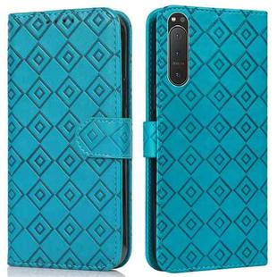 For Sony Xperia 5 II Embossed Big Small Concentric Squares Pattern Horizontal Flip Leather Case with Card Slot & Holder & Wallet(Blue)