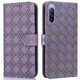 For Sony Xperia 10 III Embossed Big Small Concentric Squares Pattern Horizontal Flip Leather Case with Card Slot & Holder & Wallet(Purple)