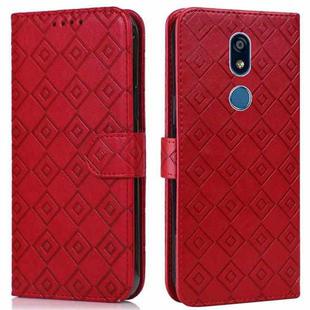 For LG K40 Embossed Big Small Concentric Squares Pattern Horizontal Flip Leather Case with Card Slot & Holder & Wallet(Red)